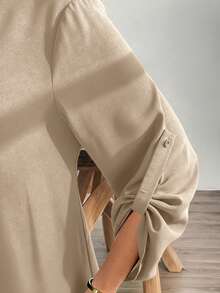 SHEIN Essnce 大码女装春秋季时尚休闲宽松舒适日常百搭修身可调节袖长黑色连衣裙，秋季穿搭，女士黑色连衣裙，女士教堂着装，曲线可爱连衣裙，简约风格 - 杏色 - 查看 6