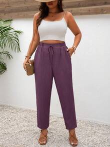 SHEIN Frenchy Pantaloni casual con tasche e nodo, tinta unita, taglie comode, adatti per le vacanze - Viola - Visualizzare 4