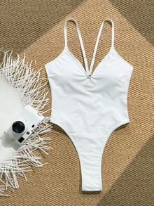 Swim SXY 夏季女士纯色露背连体泳衣 连体泳衣 - 白色 - 查看 4