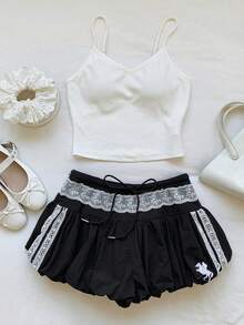 Comfortcana Quần short nữ kiểu dáng phồng, phối ren, buộc dây, thời trang xuân/hè 2026, màu đen, thích hợp mặc đi biển, phong cách nghỉ mát, hơi hướng Y2K. - màu đen - Xem 6