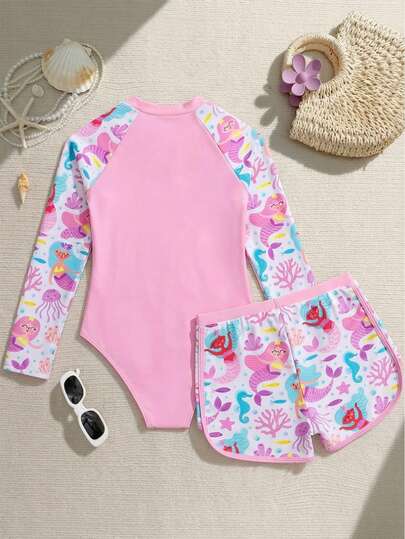 SHEIN Bộ bikini cho bé gái, bộ đồ bơi in họa tiết phối màu thời trang mới cho bé gái, đồ bơi mùa hè kèm áo chống nắng, đồ bơi dài tay, đồ bơi màu hồng.