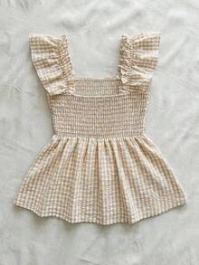 SHEIN VCAY 大码夏季休闲格子荷叶边衬衫 - 卡其色 - 查看 7