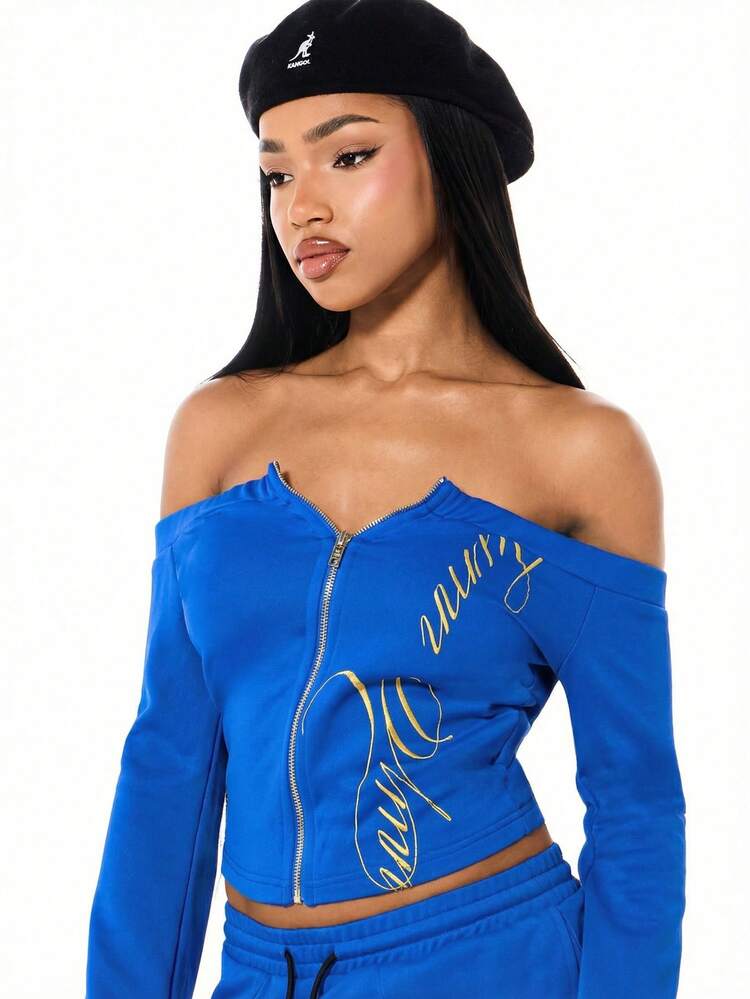 SUMWON WOMEN Off Shoulder Zip Front Sweatshirt With Long Sleeves Gold Script Graphics And Cropped Fit Design