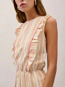 Nöista Striped Sleeveless Jumpsuit With Soft Ruffle Shoulders, Elastic Waist, And Wide-Leg Silhouette.Summer, Relaxed, Spring, Easter. - Yellow - View 5