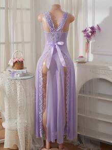 Snug Zone Bộ đồ ngủ gợi cảm 2 mảnh, viền ren, lưới, hở lưng, thắt nơ, kèm quần lọt khe. - Màu tím - Xem 5