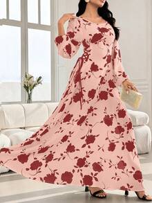 Al Najma Round Neck Lantern Sleeve Side Drawstring Dual-Color Print Dress - Red - View 4