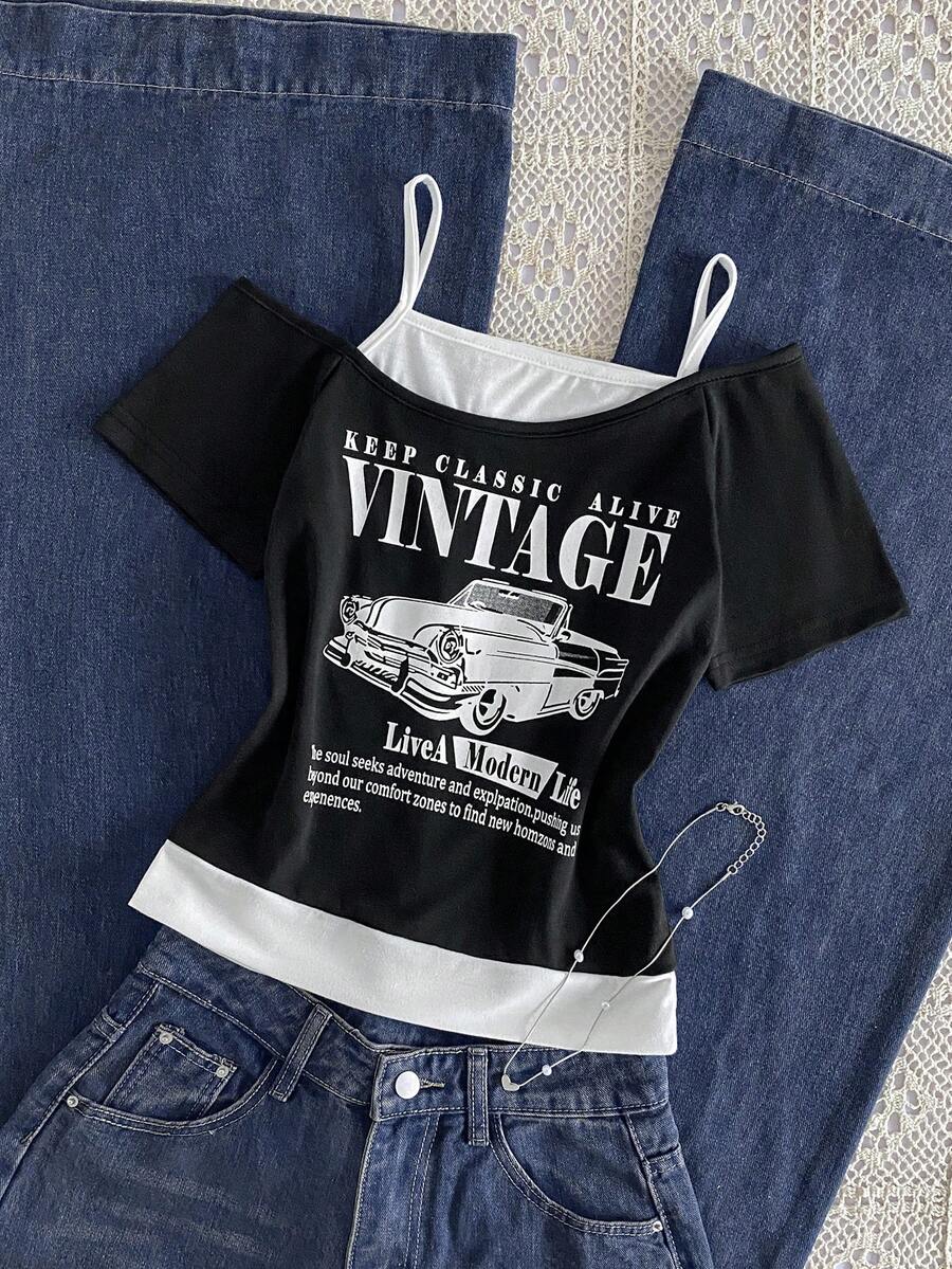 SHEIN 这款少女休闲二合一街头风T恤，印有字母标语和汽车图案，采用露肩短袖设计，适合夏季休闲活动、购物和拍照。 - 黑色 - 查看 1