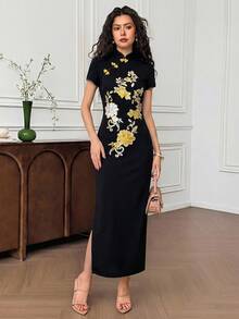 EastFlair Women's Black Floral Embroidery Cheongsam Long Dress,Short Sleeves Elegant Chinese Style Qipao,Summer Dining Outfit - Black and Gold - View 6