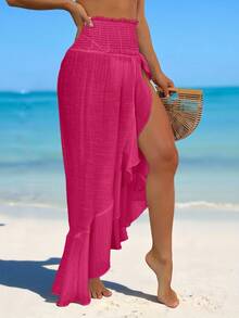 Swim Vcay Đầm maxi đi biển dáng xòe lá sen bằng chiffon nhẹ, xẻ tà, thích hợp cho kỳ nghỉ xuân của nữ. - Màu Hồng Tươi - Xem 4