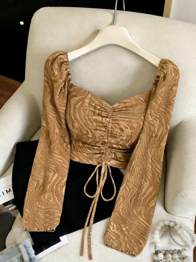 Women's Elegant Floral Textured Pleated Tie Shirt, Spring