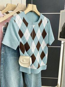 Franclia New Arrival Spring/Summer Retro College Style Colorblock Plaid Knit Pullover Sweater For Women - Baby Blue - View 3