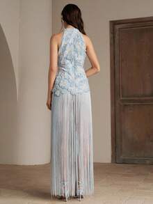 Anewsta 夏季新款浪漫派对沙滩时尚提花串珠流苏吊带罩衫，高端无袖流苏网纱提花不对称长款罩衫，浅蓝色 - 淺藍色 - 查看 3