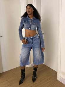 StreetHx Women's Loose Casual Versatile 7/8 Length Jeans With Pockets - Blue - View 3