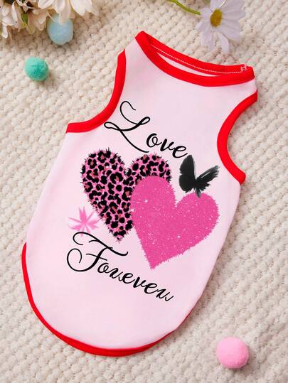 PETSIN 1pc Leopard Print Love Letter Printed Pet Vest In Red With Light Pink Patchwork, Soft And Breathable, Comfortable Pet Clothing