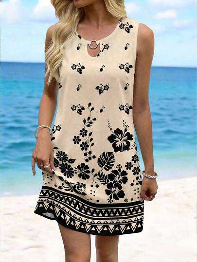 EMERY ROSE Women's Casual Sleeveless Printed Short Vacation Dress, Summer Dress, Vacation Outfit, Bohemian Style Dress, Strapless Dress, Shirt Dress