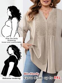 SHEIN CURVE+ Blusa holgada con botones delanteros, parches de encaje y unicolor, estilo bohemio, para vacaciones en la playa o festivales de música, talla grande US22 - Albaricoque - Ver 11