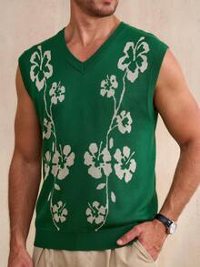 Manfinity CityGents Men's Summer Casual Vacation Floral Pattern V-Neck Sweater Vest - Green - View 4