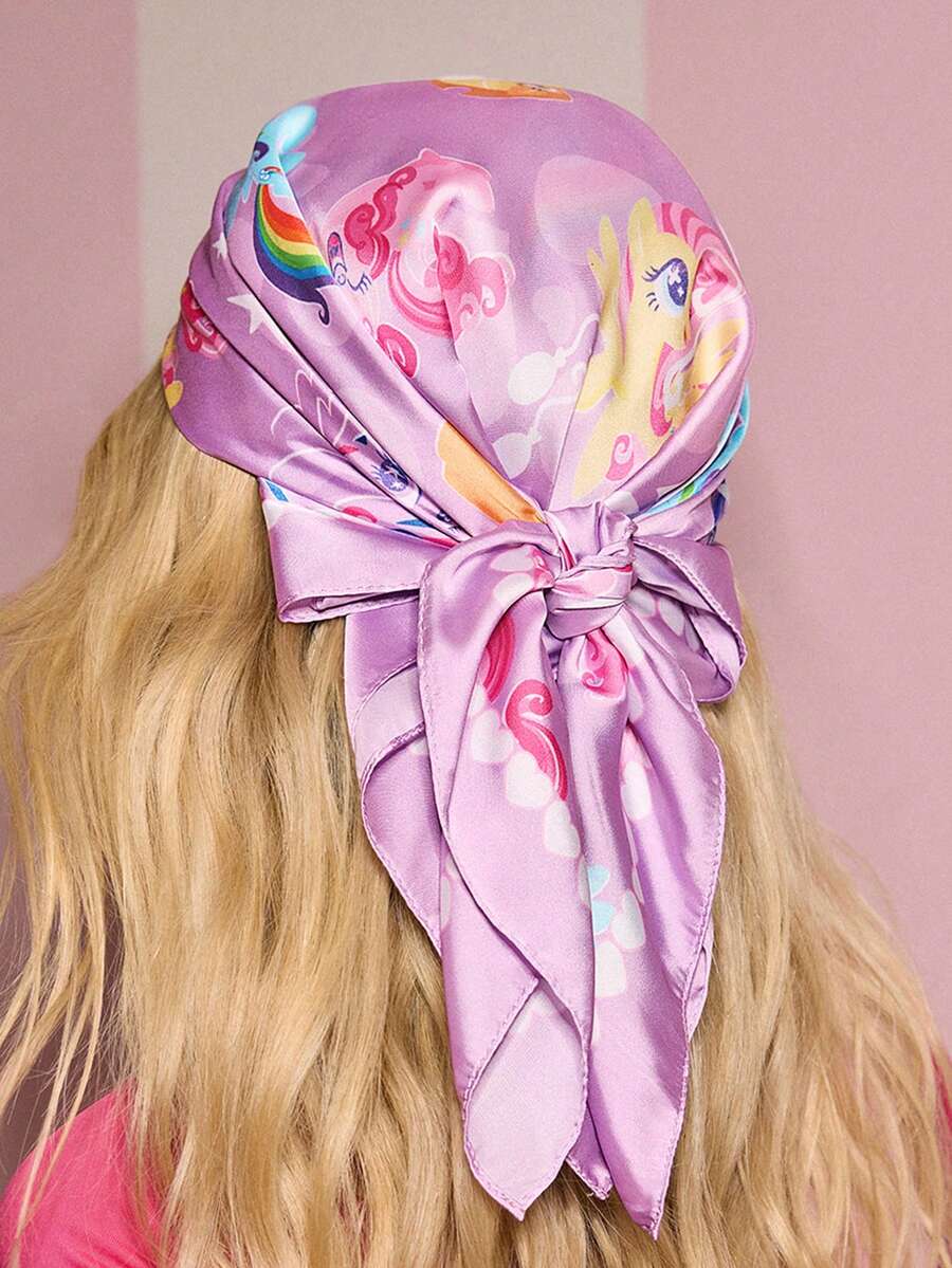 My Little Pony X SHEIN 时尚甜美可爱浅紫色光滑柔软缎面方巾独角兽卡通印花真丝围巾头巾，适合作为礼物户外旅行拍照搭配 - 彩色 - 查看 1