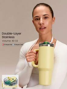 GLOWMODE 40 OZ Big Sips Insulated Stainless Steel Portable Travel Collapsible Straw Car Cup Holder Compatible Hot Cold Drink Tumbler Daily Casual - Yellow - View 1