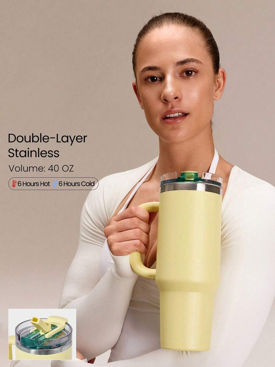 GLOWMODE 40 OZ Big Sips Insulated Stainless Steel Portable Travel Collapsible Straw Car Cup Holder Compatible Hot Cold Drink Tumbler Daily Casual - Yellow - View 1