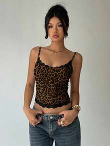 Aloruh 女士性感优雅Y2K豹纹蕾丝拼接吊带背心，性感豹纹吊带背心，休闲豹纹吊带背心，夏季上衣，女士夏季上衣 - 白色 - 查看 7