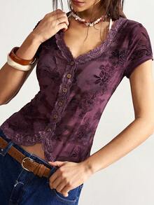 Bohemela Áo thun nữ tay ngắn cổ chữ V ôm dáng, màu trơn, phong cách BOHO, thích hợp cho kỳ nghỉ hè, đi nghỉ mát. - Màu tím - Xem 4