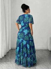 Elenzga Plus Size Women Floral Print V-Neck Ruched Waist Elegant Party Dress Plus Size Women's Clothing Stores Online Plus Size Evening Gowns Wedding Guest Outfits For Women Curve Occasion Dresses For Ladies Plus Size Women's Summer Outfits Plus Size Elegant Dresses For Women - Blue - View 3