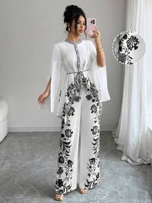Elenzga Women's 2-Piece Set: Elegant Chinoiserie Print Round Neck Blouse With Tie Waist And Asymmetrical Hem, Paired With Elastic Waist Printed Straight Leg Pants, Outfit - Multicolor - View 5