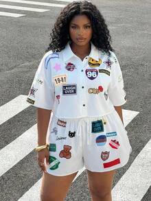 Muchica Bộ đồ 2 mảnh thường ngày dành cho nữ cỡ lớn mùa Xuân/Hè 2026, gồm áo ngắn tay in chữ và quần short, kiểu dáng thường ngày. - Màu be - Xem 2