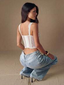 SHEIN BAE 性感蕾丝交叉抹胸露脐上衣，夏季，裹身式上衣，万圣节女装，万圣节服装 - 白色 - 查看 2