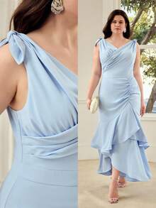 MOTF PREMIUM PLUS SIZE ELEGANT ROMANTIC RUFFLE HEM RUCHED DRESS - Blue - View 1