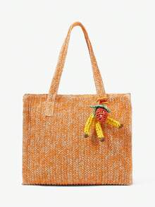 Maija 女士手提包、单肩包、草编包、草编编织包，水果吊坠，草莓吊坠，香蕉吊坠，趣味十足，时尚优雅，简约百搭，适合海滩、度假、假日、夏季、海边、沙滩派对等场合 - 橘色 - 查看 2