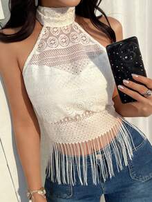 INAWLY Women's Elegant Backless Tassel Hem Halter Top, Summer - White - View 6