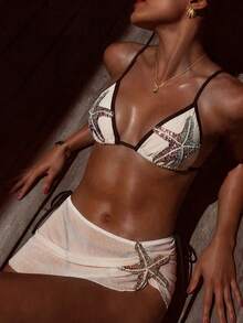 Swim SXY Bộ bikini 3 mảnh gợi cảm họa tiết sao biển dành cho nữ, thích hợp cho kỳ nghỉ biển. - Màu be - Xem 8