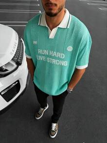 Manfinity LEGND Suéter de punto casual con estampado de letras para hombres, verano - verde menta - Ver 1