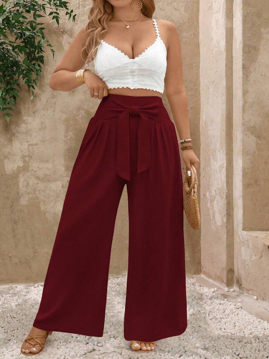 SHEIN PETITE 大码女式休闲直筒裤,前腰系带 - 酒紅色 - 查看 1