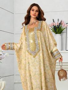 Al Najma Đầm thêu cổ vuông lãng mạn, thanh lịch dành cho mùa xuân/hè. - Màu vàng - Xem 1