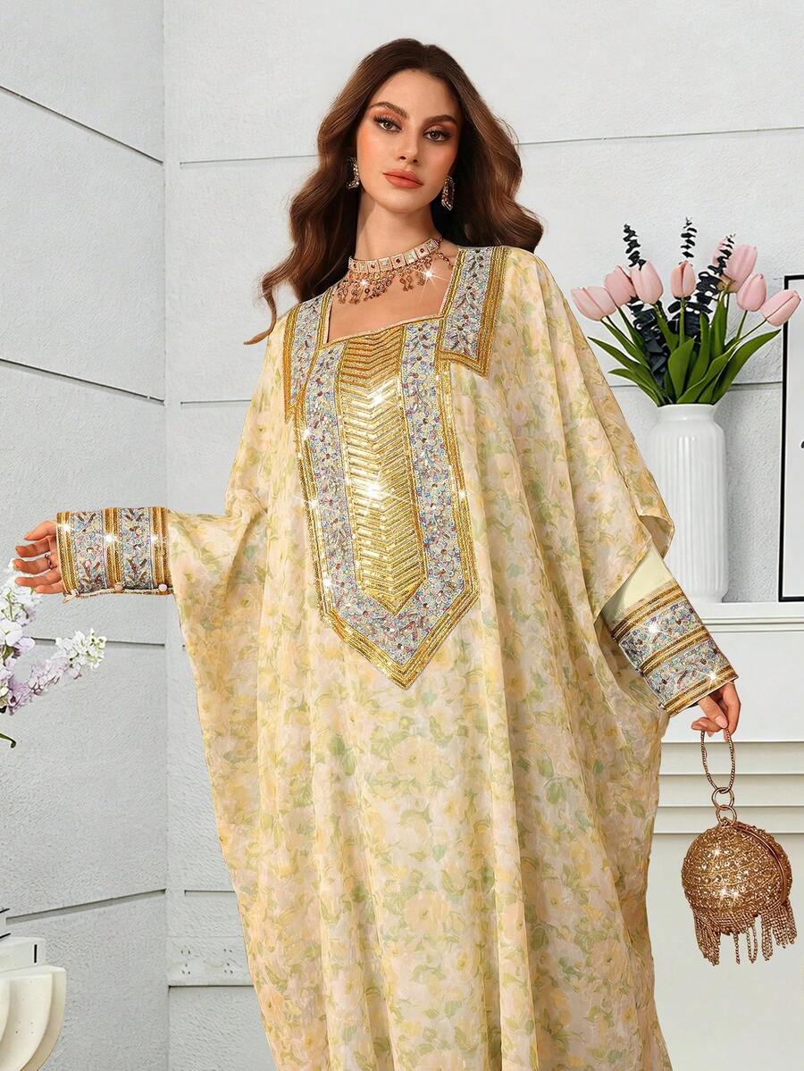 Al Najma Đầm thêu cổ vuông lãng mạn, thanh lịch dành cho mùa xuân/hè. - Màu vàng - Xem 1