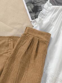 Tween Girls Ruffle Collar Hollow Out Embroidery Blouse And Pants Casual 2 Pieces Set - Khaki - View 9