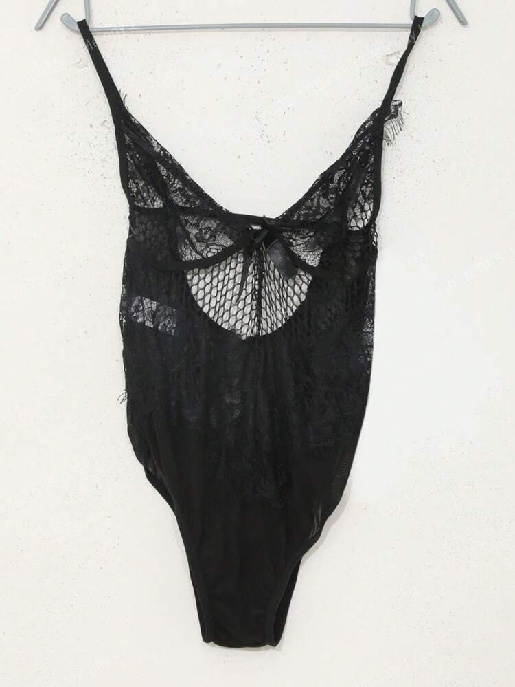 Lace Contrast Mesh Sheer Backless Spaghetti Strap Sexy Bodysuit For Going Out Lingerie For Women