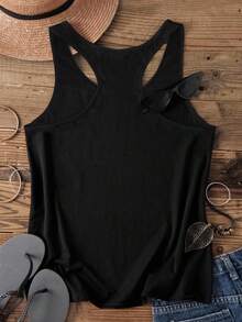 SHEIN CURVE+ 休闲简约水钻“限量版”字母印花吊带背心，适合大码女性，夏季穿着，水钻返校季，春/度假黑色吊带背心，复古风黑色背心，女士背心，女士印花夏季服装，露背背心，女士水钻背心，限量版上衣 - 黑色 - 查看 2