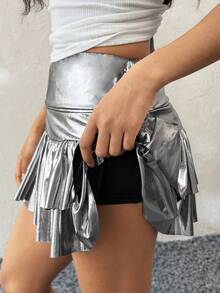 Coolane Kids 少女夏季黑色亮面抽绳腰褶裥及膝半身裙，休闲街头风 - 黑色 - 查看 6