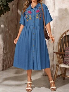 Đầm đi nghỉ mát cỡ lớn in hoa - Màu xanh lam - Xem 6