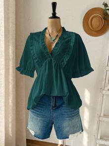 Rusticease Plus Size Women's Teal Boho Summer V-Neck Ruffle Trim Short Sleeve Blouse,Vacation Holiday Country Casual Top Shirt,Spring Break Outfits - Dark Green - View 4