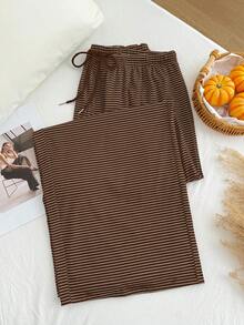 Enliva Plus Size Brown & White Striped Casual Drawstring Pants, Autumn/Winter, Christmas, New Year, Thanksgiving, Party, Wedding, Beach, Graduation, Chic, Elegant, Casual, Going Out, Date, Appointment, Commute Striped Drawstring Pants, For Apple And Rounded Body Shape - Brown - View 3