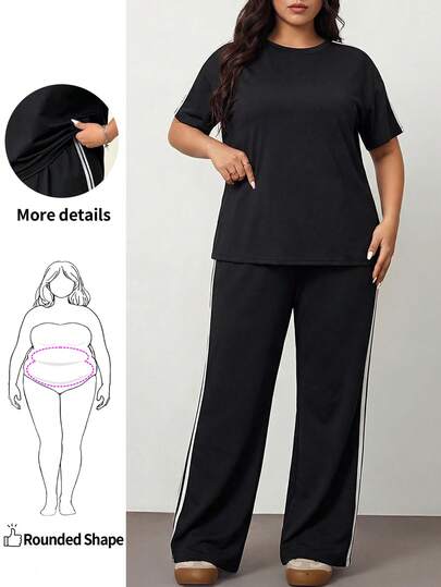 Enliva 大码女装夏季休闲运动撞色条纹侧边短袖T恤和宽松阔腿裤套装