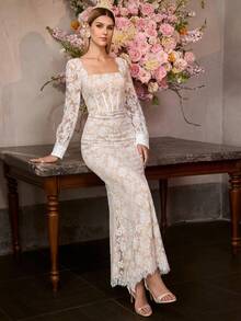 MOTF Soiréza ELEGANT SQUARE NECK LONG SLEEVE MAXI LACE PARTY GOWN – FLORAL LACE FABRIC WITH SEAM DETAILING, FORM-FITTING SILHOUETTE WITH MERMAID DRESS & PUFF SLEEVE TRIM | IDEAL FOR FOMAL PARTIES, GALAS, NEW YEAR'S EVE & FORMAL EVENTS - White - View 5