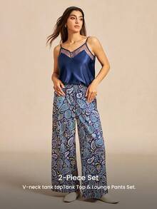 LUVLETTE Summer Stylish Navy & Paisley Pajama Set - Lace-Trimmed Camisole & Wide-Leg Pants Summer Lounge Wear Curve Lingerie Pyjama - Blue - View 2