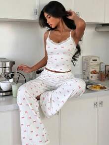 SHEIN Women's Sleepwear Set, Pink Bow Print, Lace Trim V-Neck Camisole And Long Pants - White - View 7