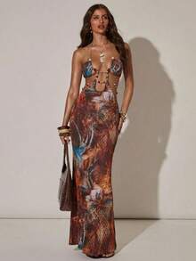 SHEIN BAE Women's Casual Beach Vacation Sexy Pattern Beaded Decor Dress, Suitable For Beach Vacation, Beach Casual Occasions, Sisters Vacation Dress, Sexy Dress, Patterned Dress Boho Wedding Guest Dress Maxi Vacation Dress - Brown - View 3